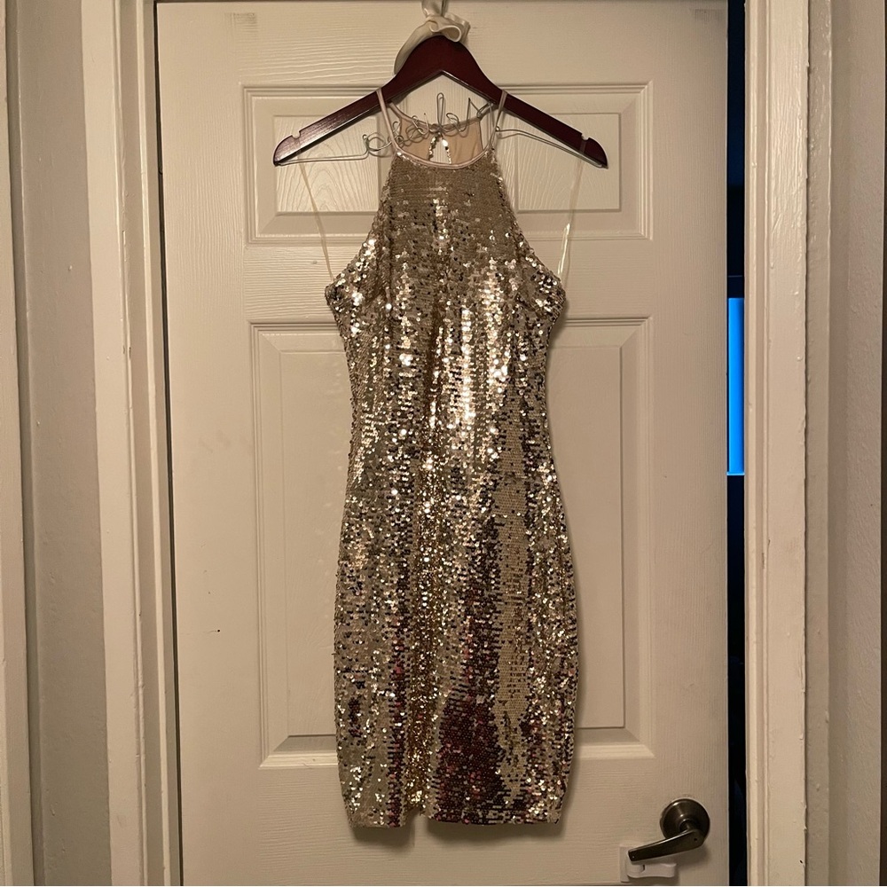 Dazzling Gold Sequin Halter Mini Dress